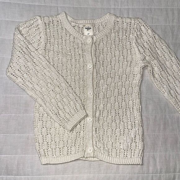OshKosh 2T Ivory Gold Metallic Eyelet Knit Cotton Cardigan - Picture 1 of 7
